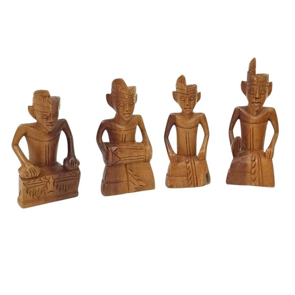 Indonesian Hand Carved Wood Figures 3" Miniatures Tribal Gamelan Band Balinese - Picture 2 of 14